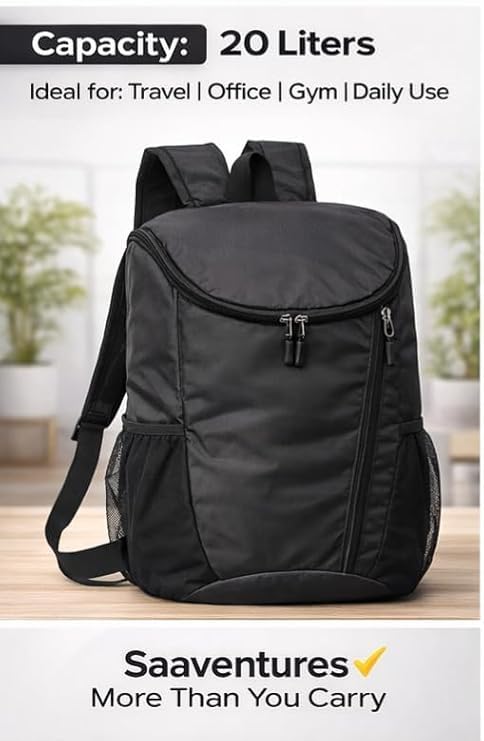 Foldable Backpack 20L Lightweight Water Resistant Travel Backpack with Detachable Bottle Holder, Compact Packable Daypack for Travel, Office, Gym, Hiking and Daily Use, Black