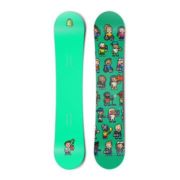 Top and bottom view of a snowboard. The top view shows a pixelated Shopify bag logo and a
pixelated character reviewing a clipboard with a questioning expression with a bright green-blue background.
The bottom view is a pattern of many pixel characters with a bright green-blue background.