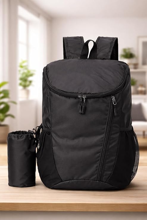 Foldable Backpack 20L Lightweight Water Resistant Travel Backpack with Detachable Bottle Holder, Compact Packable Daypack for Travel, Office, Gym, Hiking and Daily Use, Black