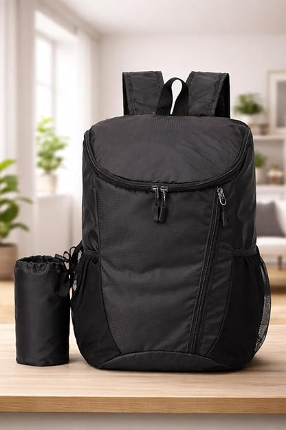 Foldable Backpack 20L Lightweight Water Resistant Travel Backpack with Detachable Bottle Holder, Compact Packable Daypack for Travel, Office, Gym, Hiking and Daily Use, Black