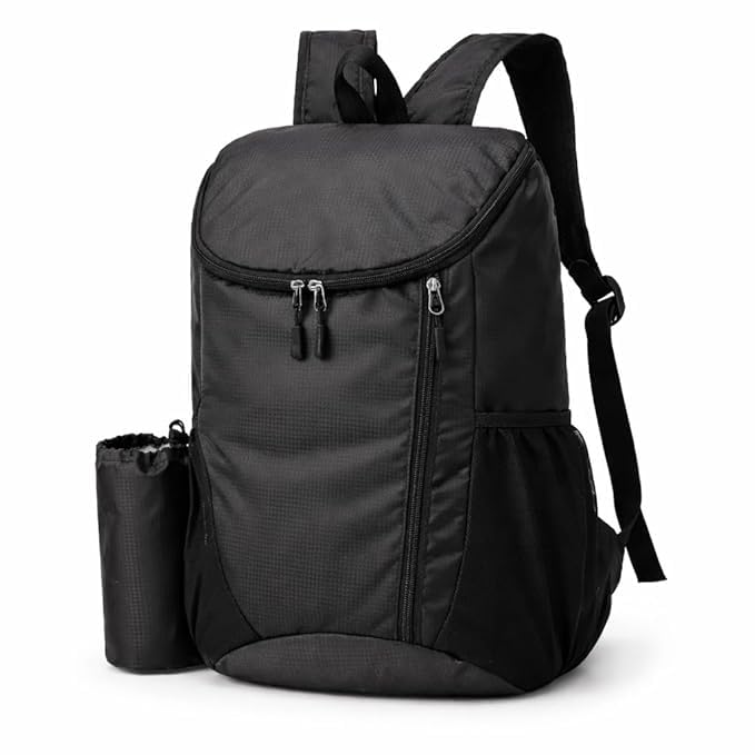 Foldable Backpack 20L Lightweight Water Resistant Travel Backpack with Detachable Bottle Holder, Compact Packable Daypack for Travel, Office, Gym, Hiking and Daily Use, Black