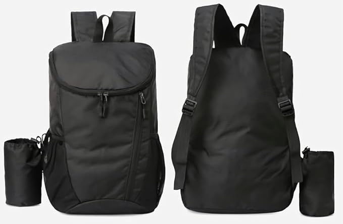 Foldable Backpack 20L Lightweight Water Resistant Travel Backpack with Detachable Bottle Holder, Compact Packable Daypack for Travel, Office, Gym, Hiking and Daily Use, Black