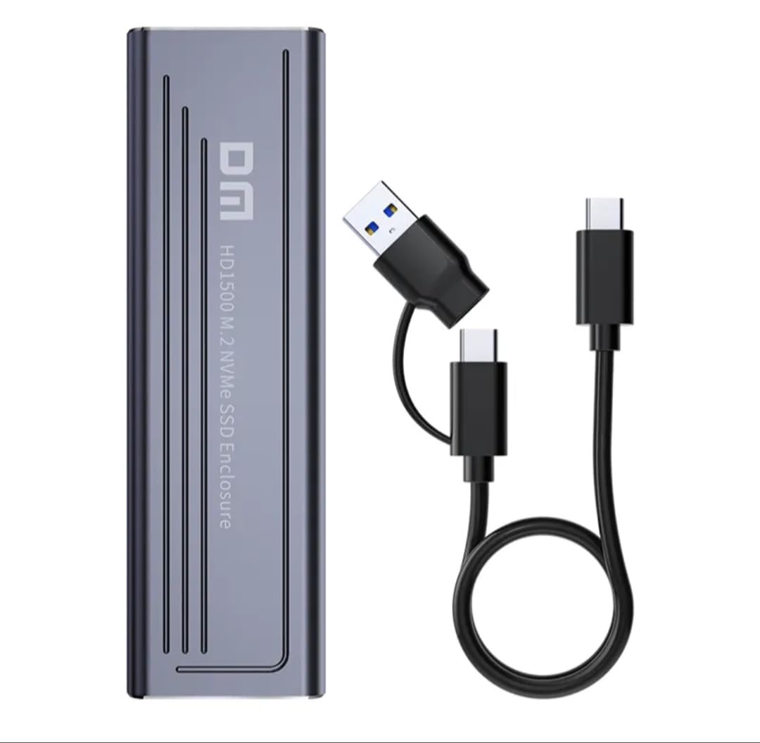 DM M.2 NVMe SSD Enclosure, USB 3.0 External Hard Drive Case with USB and Type-C Cable, Grey