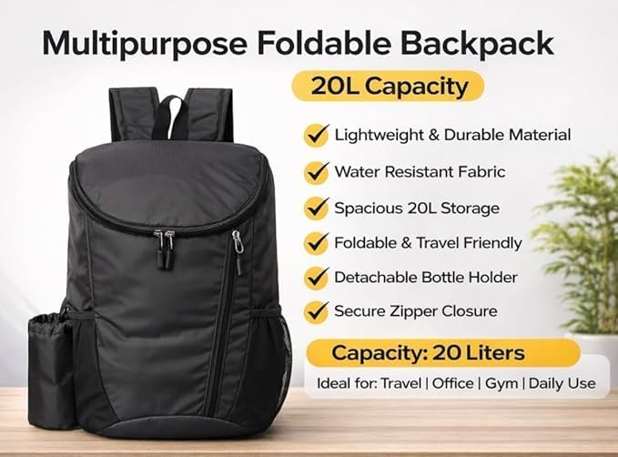 Foldable Backpack 20L Lightweight Water Resistant Travel Backpack with Detachable Bottle Holder, Compact Packable Daypack for Travel, Office, Gym, Hiking and Daily Use, Black