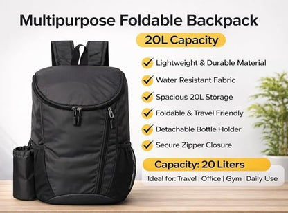 Foldable Backpack 20L Lightweight Water Resistant Travel Backpack with Detachable Bottle Holder, Compact Packable Daypack for Travel, Office, Gym, Hiking and Daily Use, Black