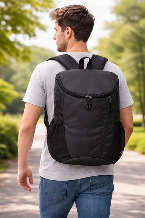 Foldable Backpack 20L Lightweight Water Resistant Travel Backpack with Detachable Bottle Holder, Compact Packable Daypack for Travel, Office, Gym, Hiking and Daily Use, Black
